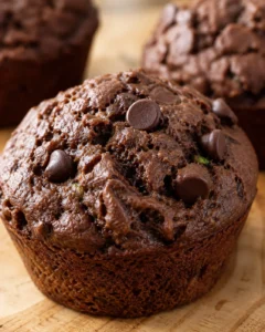 Close-up of delicious double chocolate zucchini muffins with chocolate chips.