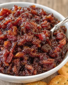 Rich and flavorful bacon jam in a white bowl with crackers nearby.