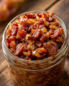 Close-up of savory bacon jam in a glass jar with caramelized onions and bacon pieces.