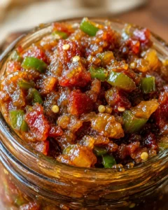 Close-up of savory homemade bacon jalapeño jam in a glass jar