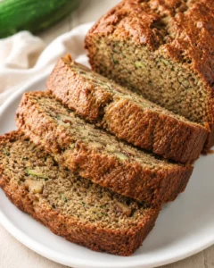 Delicious homemade zucchini bread sliced on a white plate, showing its moist texture.