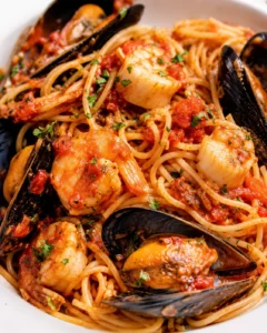Close-up of a seafood pasta dish with shrimp, scallops, mussels, and tomato sauce