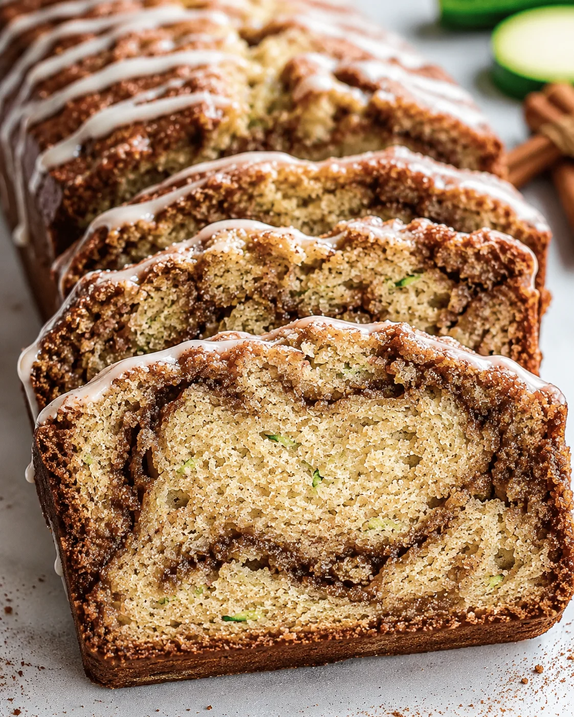 Moist Cinnamon Swirl Zucchini Bread Close-up of sliced cinnamon swirl zucchini bread with moist crumb and cinnamon ribbons
