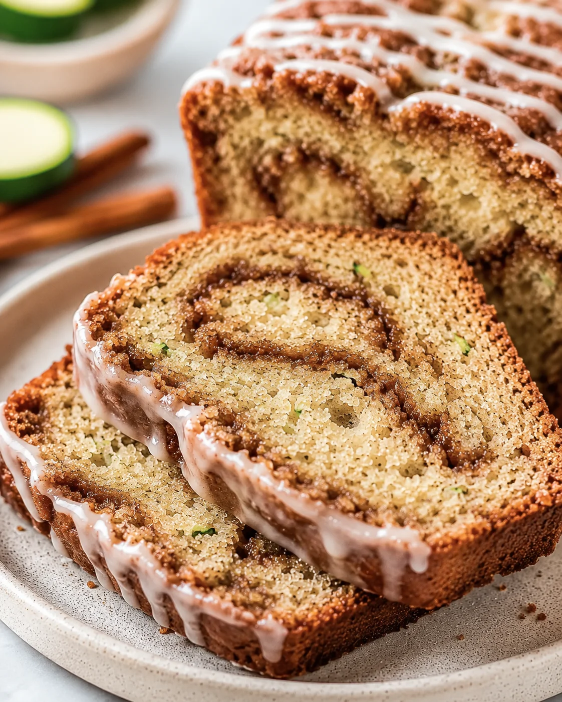 Moist Cinnamon Swirl Zucchini Bread Close-up of sliced cinnamon swirl zucchini bread with icing on a plate