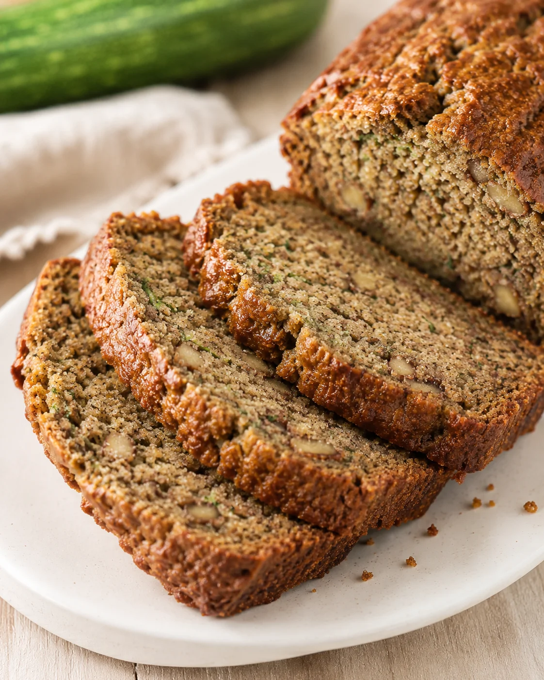 Mom's Moist Zucchini Bread Delicious, freshly baked zucchini bread loaves with nuts, displaying moist texture and golden crust.