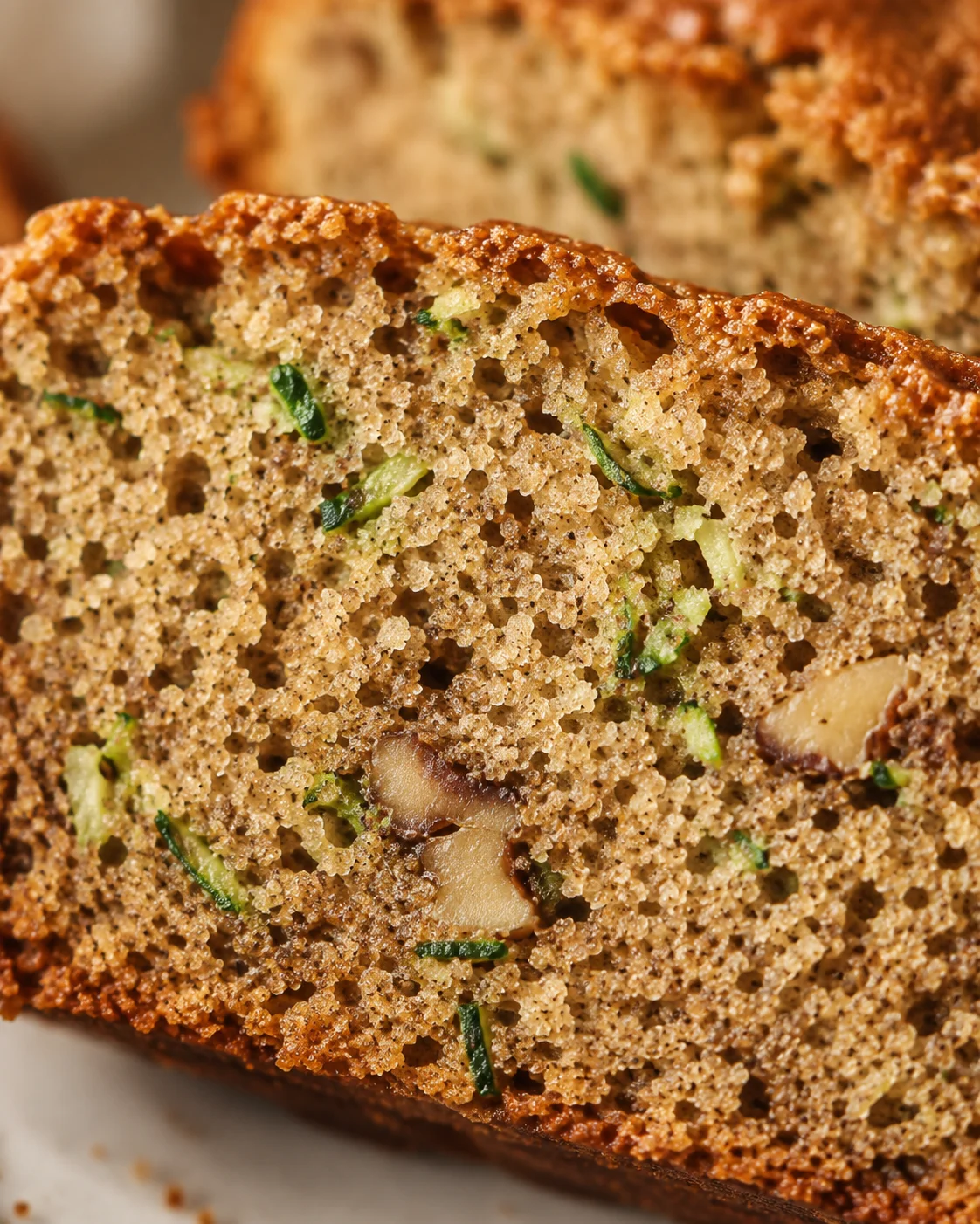 Mom's Moist Zucchini Bread Close-up of moist zucchini bread slices with walnuts and green zucchini pieces.