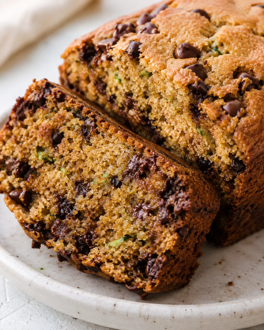 Close-up of moist zucchini bread with chocolate chips and peanut butter flavor