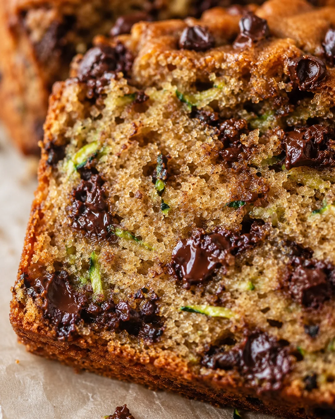 Close-up of moist zucchini bread with chocolate chips and peanut butter.