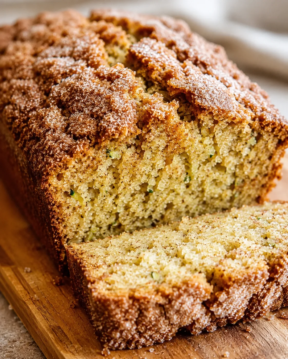 Moist Snickerdoodle Zucchini Bread Freshly sliced moist zucchini bread with cinnamon topping on a wooden board