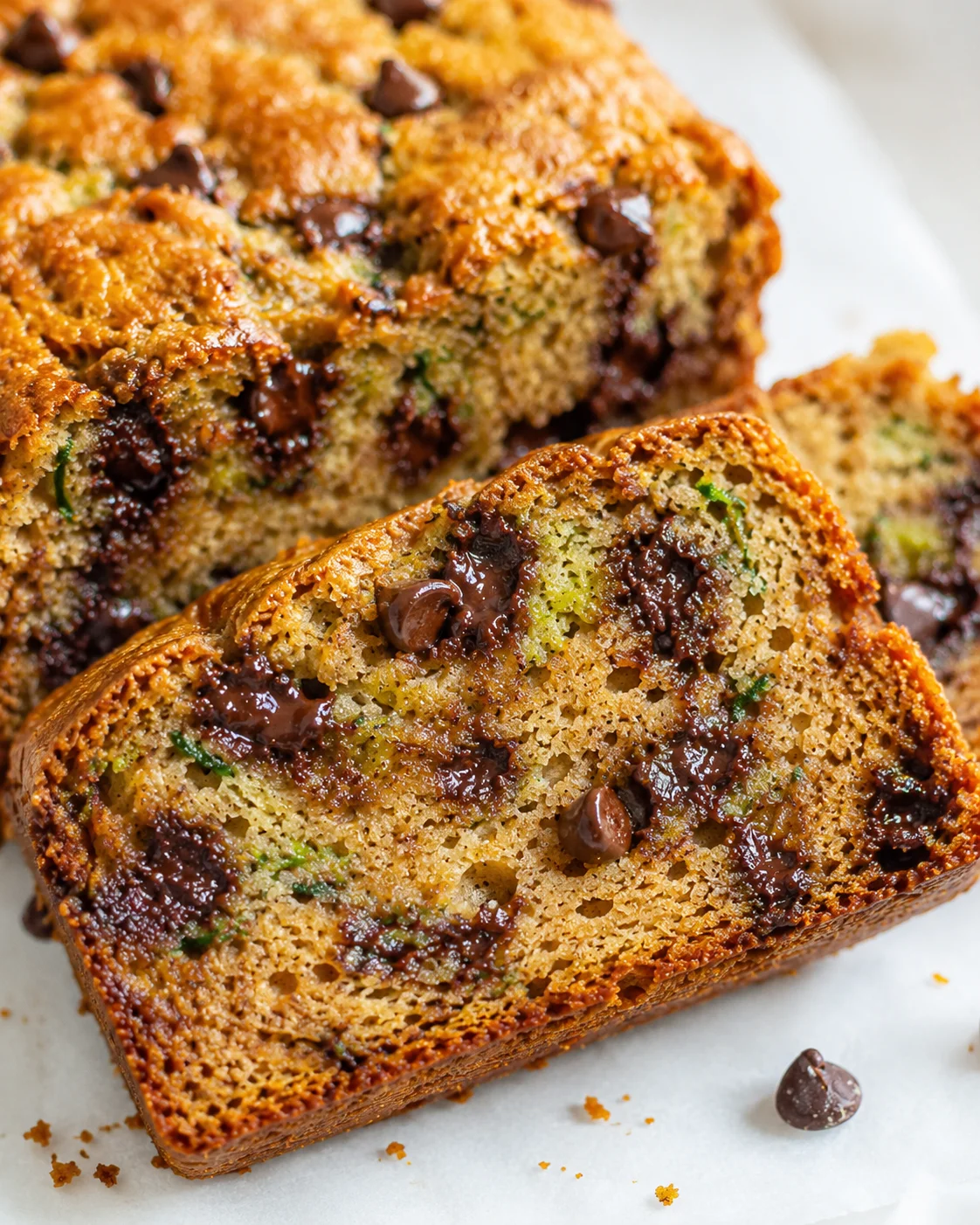 Chocolate Chip Zucchini Bread Close-up of moist zucchini bread loaded with chocolate chips, sliced on a plate.