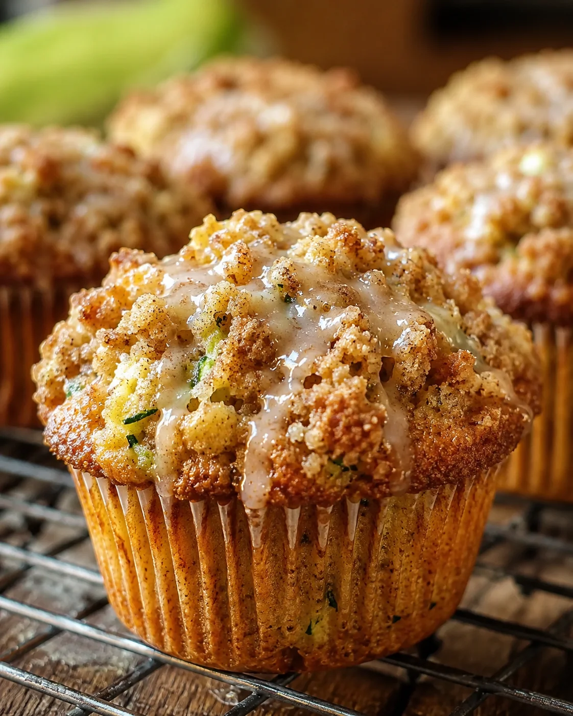 Cinnamon Zucchini Muffins Close-up of moist, golden zucchini coffee cake muffins with cinnamon topping.