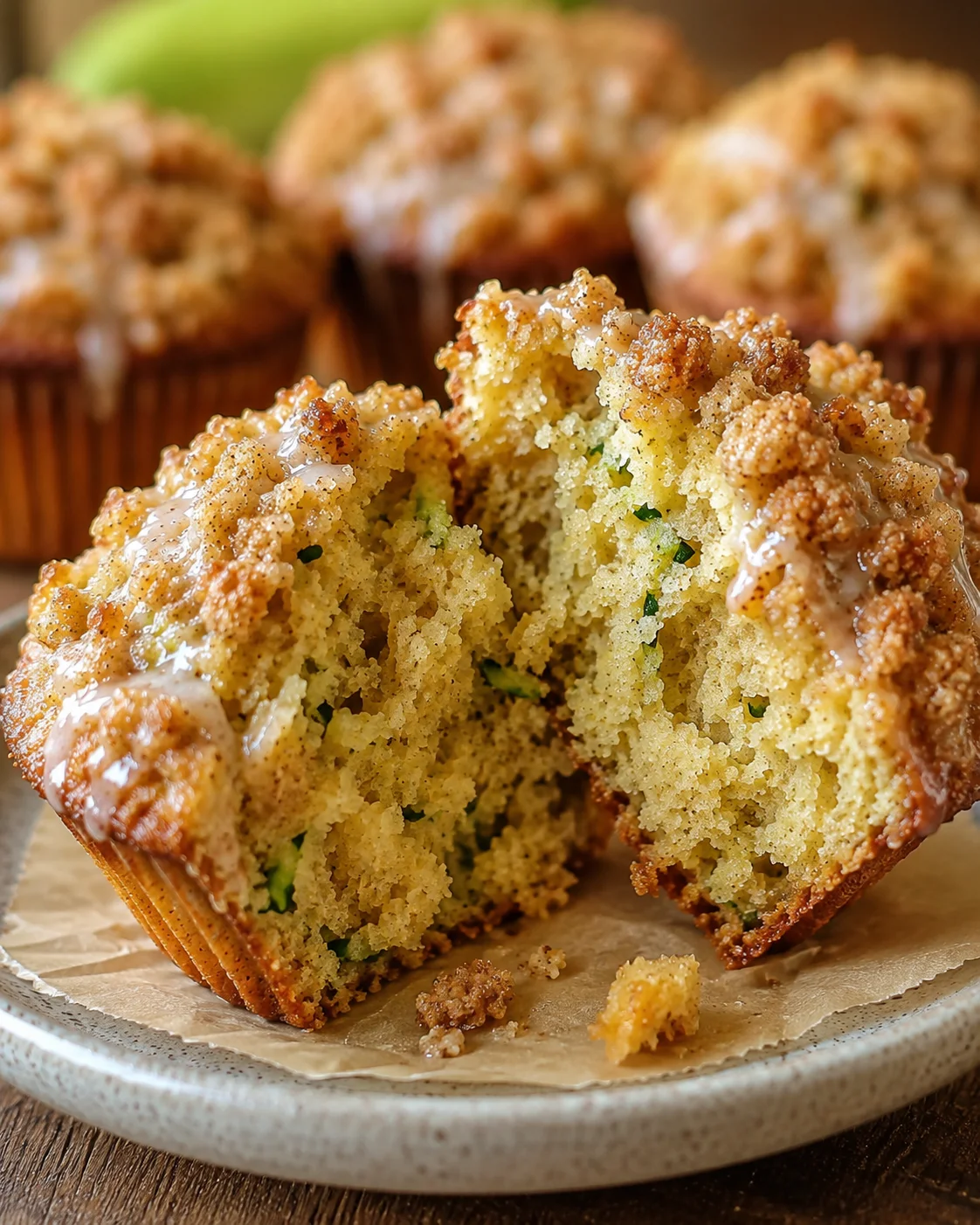 Zucchini Coffee Cake Muffins Recipe Close-up of moist cinnamon zucchini muffins with streusel topping on a plate.