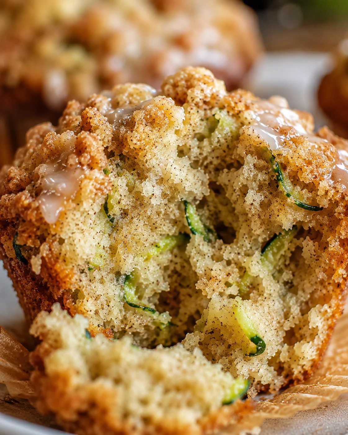 Zucchini Coffee Cake Muffins Recipe Close-up of a moist zucchini coffee cake muffin with zucchini bits and crumb topping