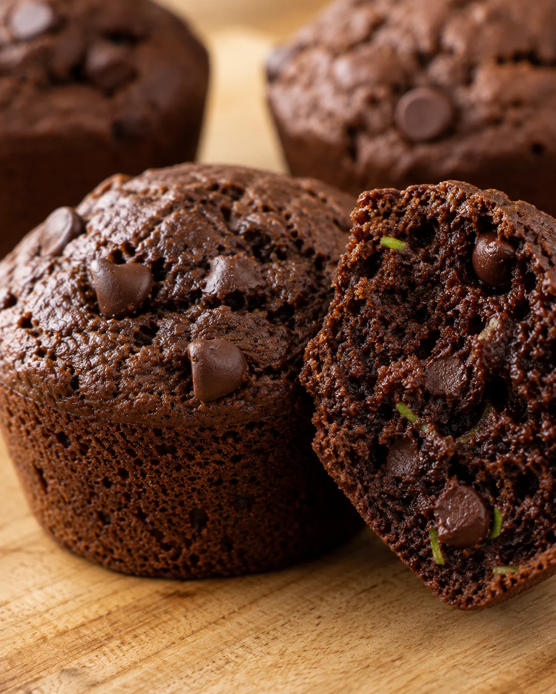 Close-up of moist chocolate zucchini muffins with chocolate chips, showing the texture.