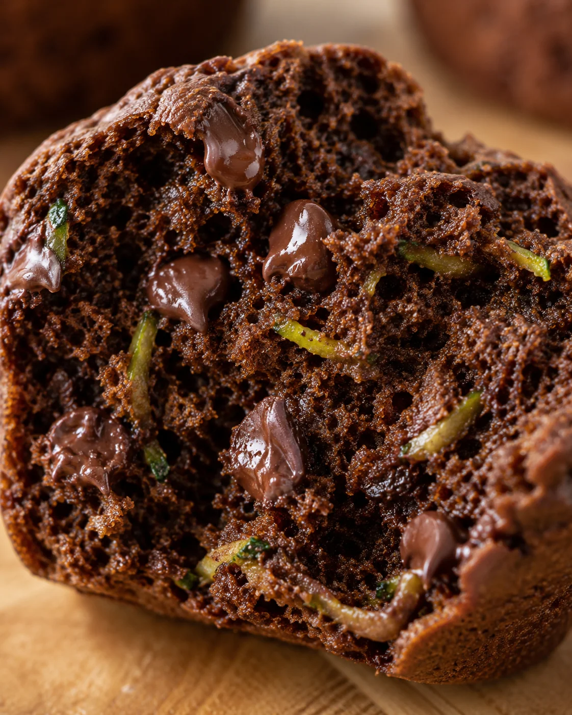 Close-up of moist, chocolatey zucchini muffins with melted chocolate chips on top.