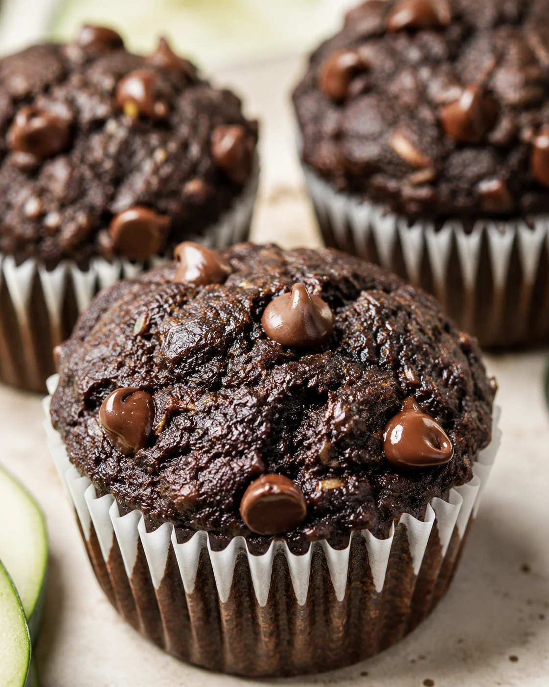 Delicious moist chocolate muffins with zucchini and chocolate chips on top.