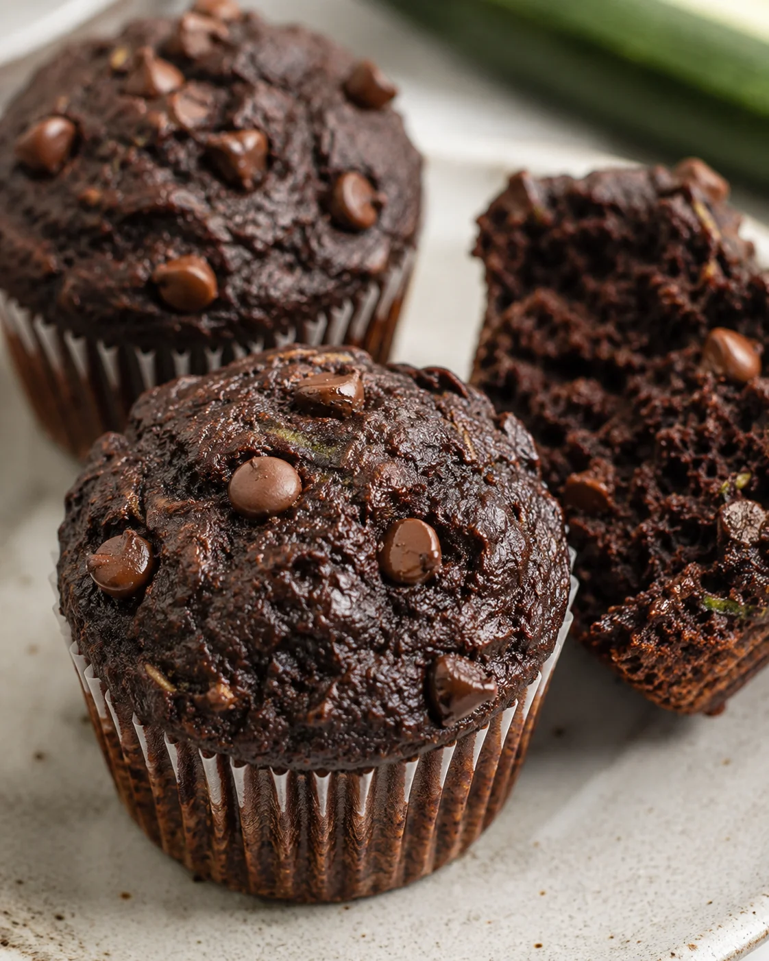 Delicious, moist chocolate zucchini muffins with chocolate chips in paper cups.