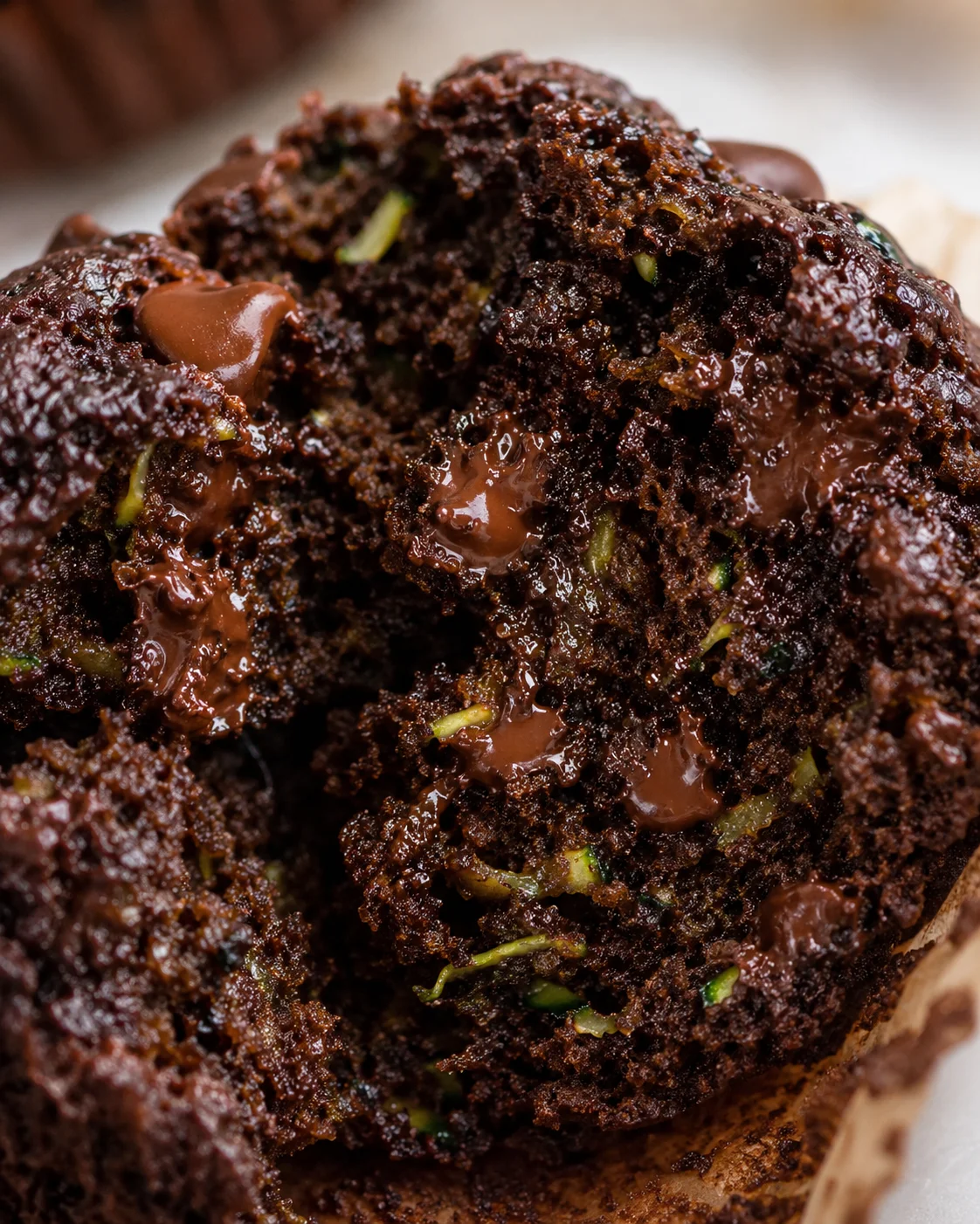 Close-up of moist, chocolate-filled zucchini muffins with chocolate chips.