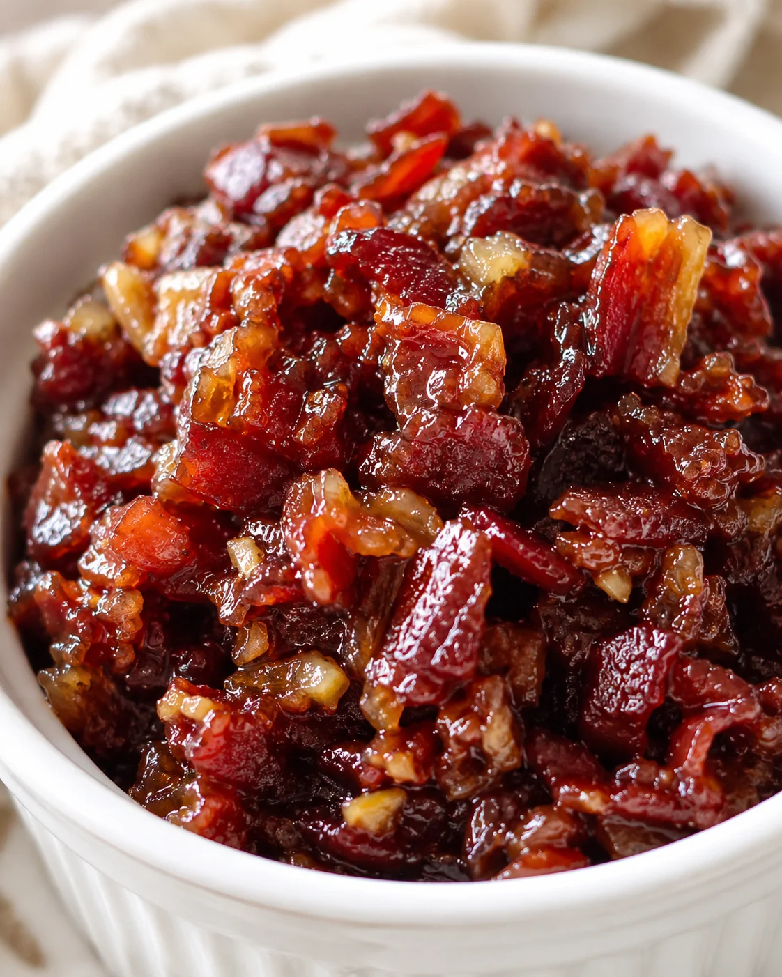 Delicious Bacon Jam Spread Close-up of savory bacon jam in a white bowl, showcasing its rich texture.