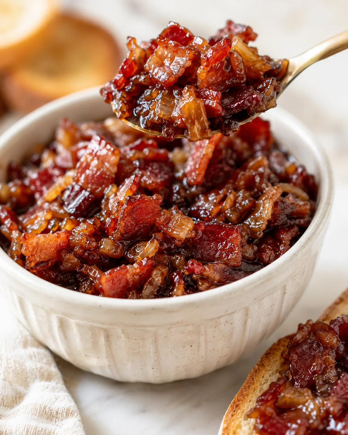 Delicious Homemade Bacon Jam Close-up of rich, caramelized bacon jam in a white bowl with a spoon