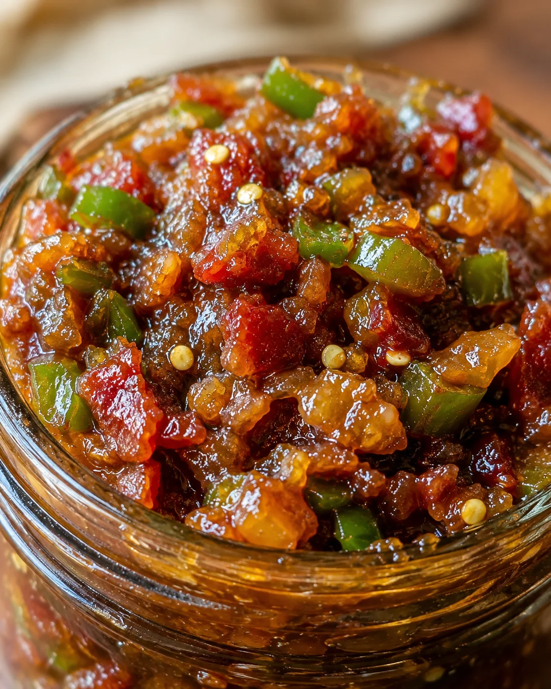 Close-up of savory homemade bacon jalapeño jam in a glass jar