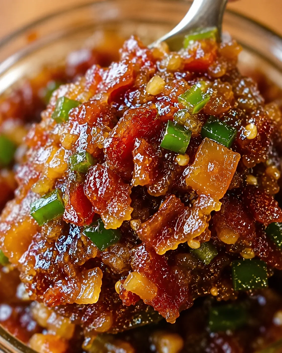 Close-up of spicy and smoky bacon jam topped with chopped green onions.