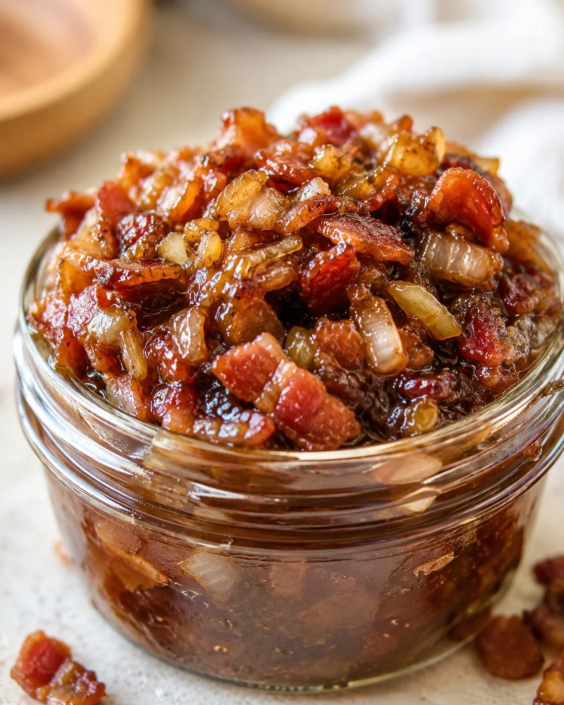 Delicious Bacon Onion Jam Close-up of caramelized bacon onion jam in a glass jar on a light background
