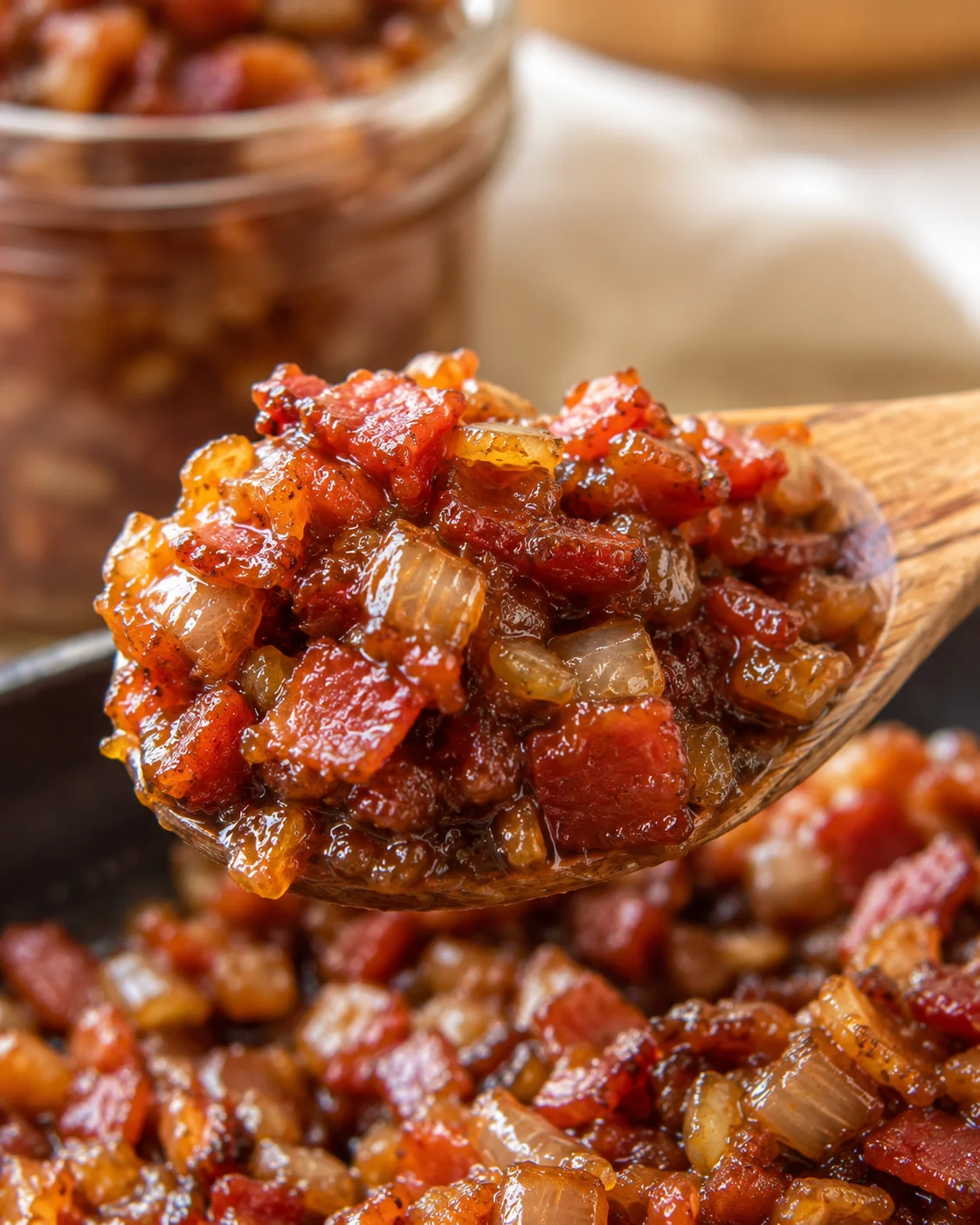 Delicious Bacon Onion Jam Close-up of caramelized bacon onion jam on a wooden spoon, with a jar in the background.