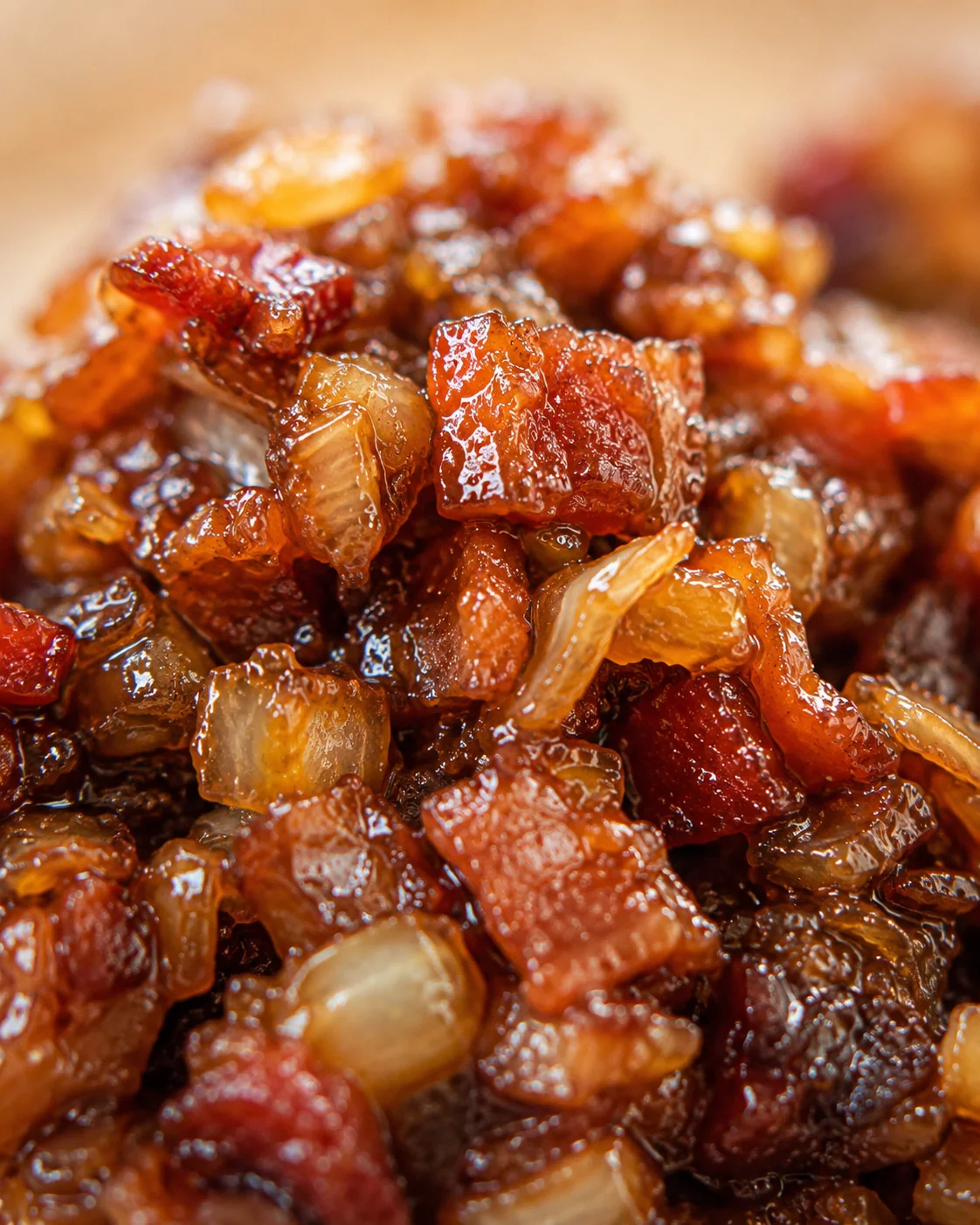 Bacon Onion Jam Close-Up Rich, caramelized bacon onion jam with glossy, chopped onions and crispy bacon bits