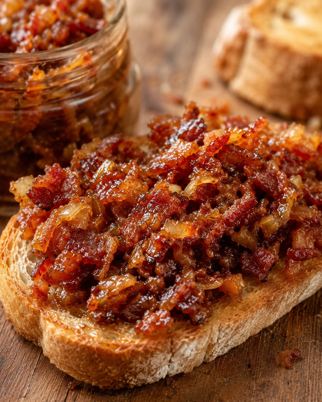 Close-up of bacon jam spread on toasted bread with a jar in the background