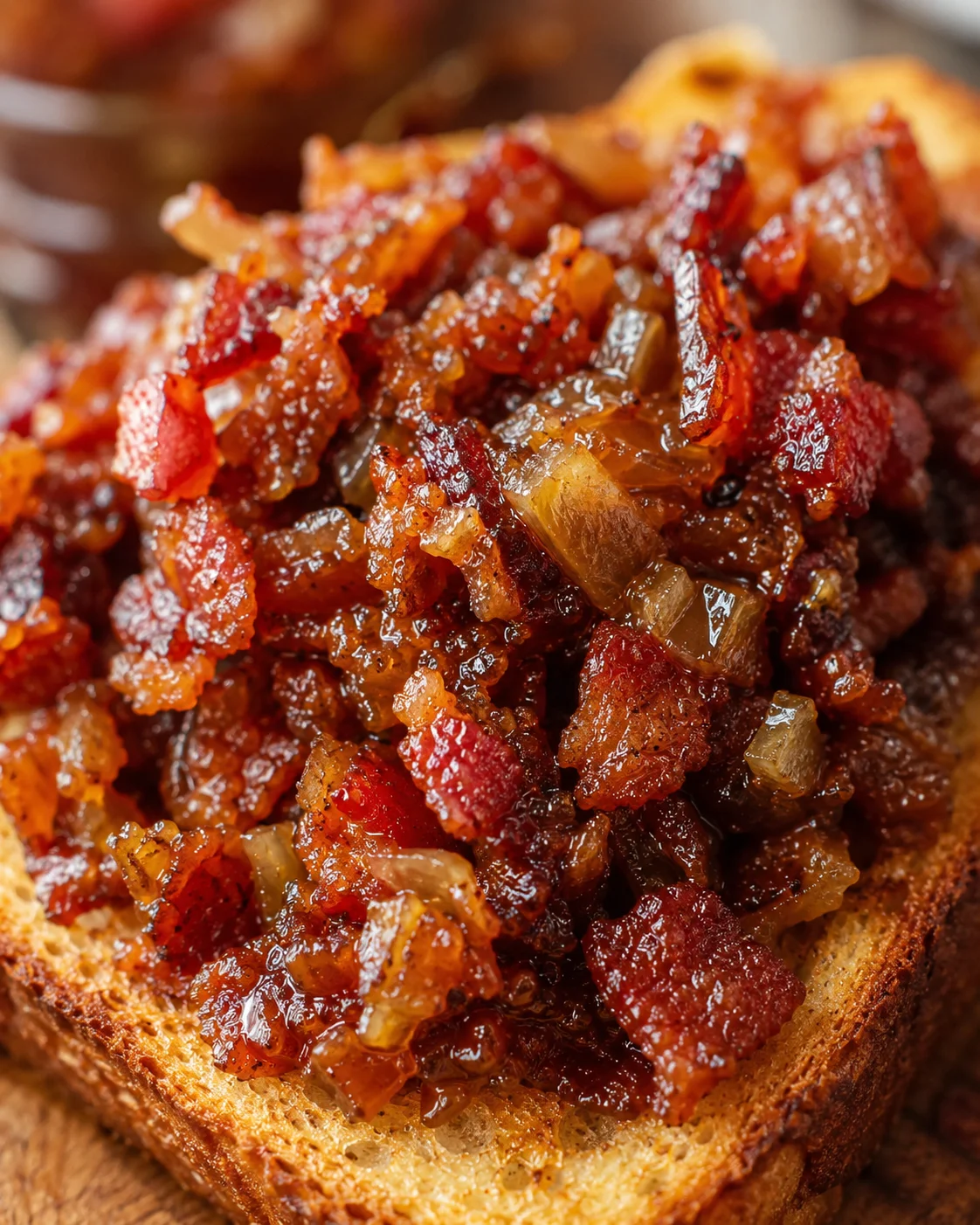 Close-up of savory, caramelized bacon jam on toasted bread showing glossy texture.