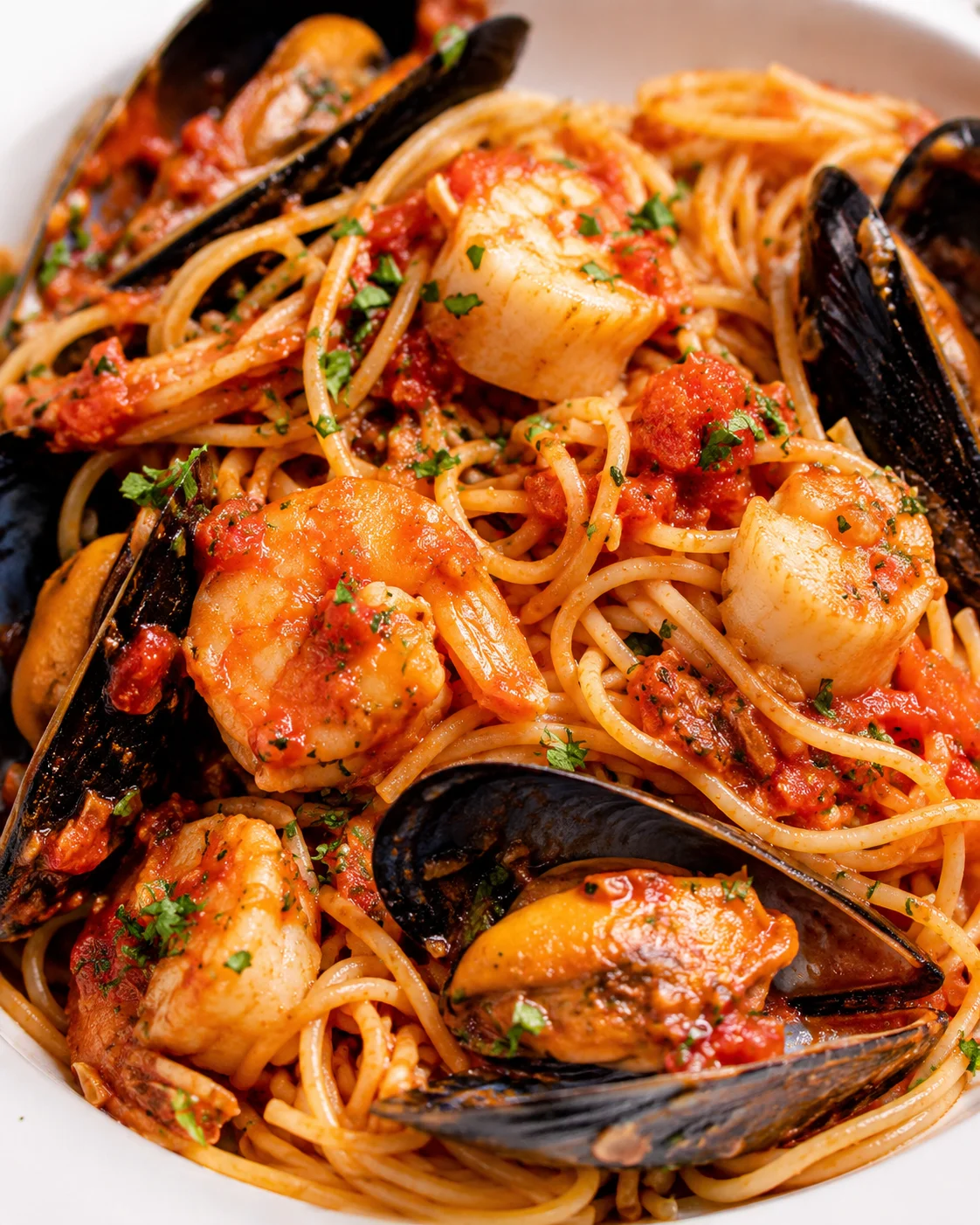 Seafood Pasta Delight Close-up of a seafood pasta dish with shrimp, scallops, mussels, and tomato sauce