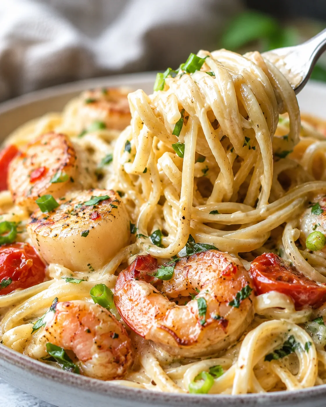 Creamy Seafood Pasta Close-up of creamy seafood pasta with shrimp and scallops in a bowl.
