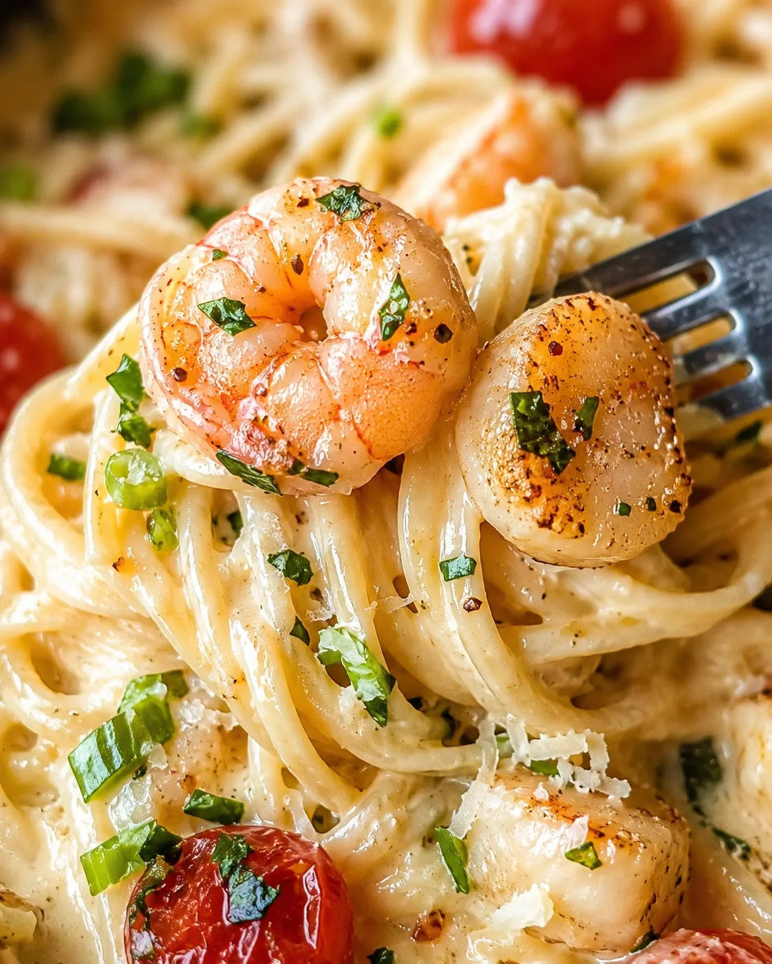 Creamy Seafood Pasta Close-Up Twirl of creamy seafood pasta with shrimp and scallops, garnished with herbs
