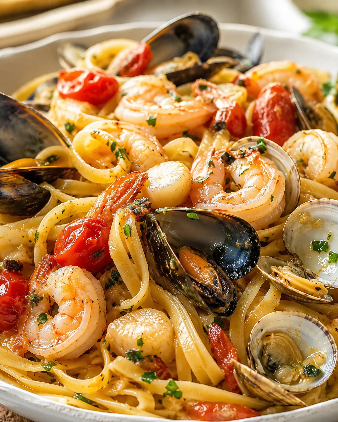 Delicious seafood pasta with shrimps, scallops, clams, and cherry tomatoes in a white wine sauce