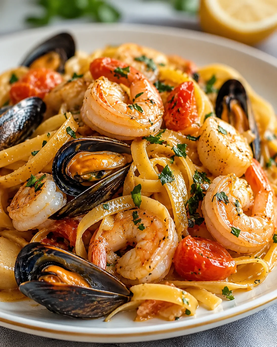 Delicious seafood pasta with shrimp, scallops, and mussels in a light garlic wine sauce