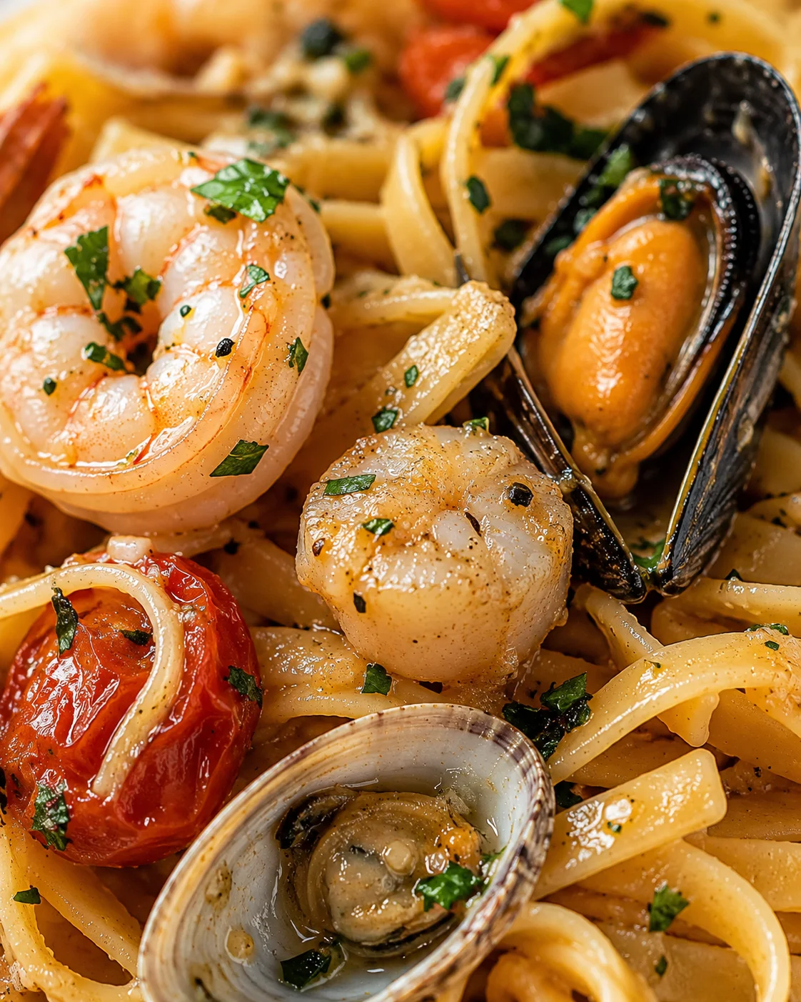 Close-up of a delicious seafood pasta with shrimp, scallops, and mussels