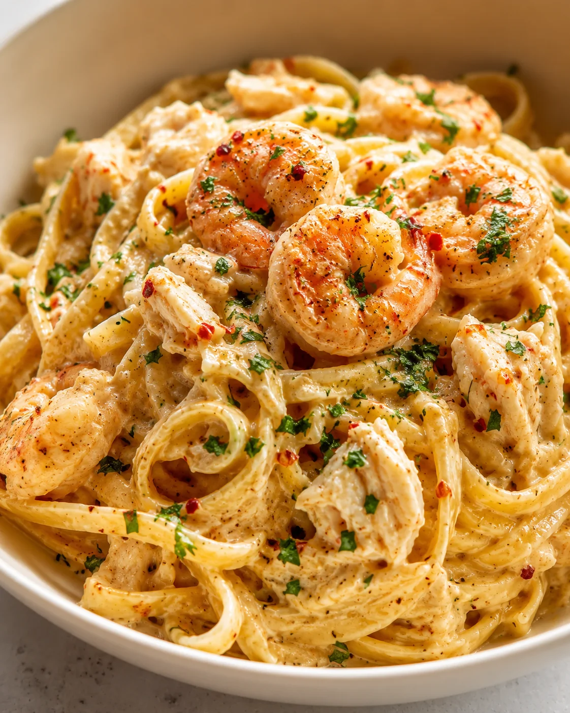 Creamy Cajun Crab & Shrimp Pasta Delicious creamy Cajun pasta with shrimp and crab garnished with herbs.