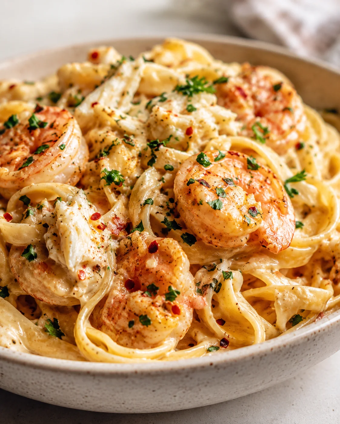 Creamy Cajun Crab and Shrimp Pasta Delicious creamy Cajun crab and shrimp pasta topped with herbs in a bowl
