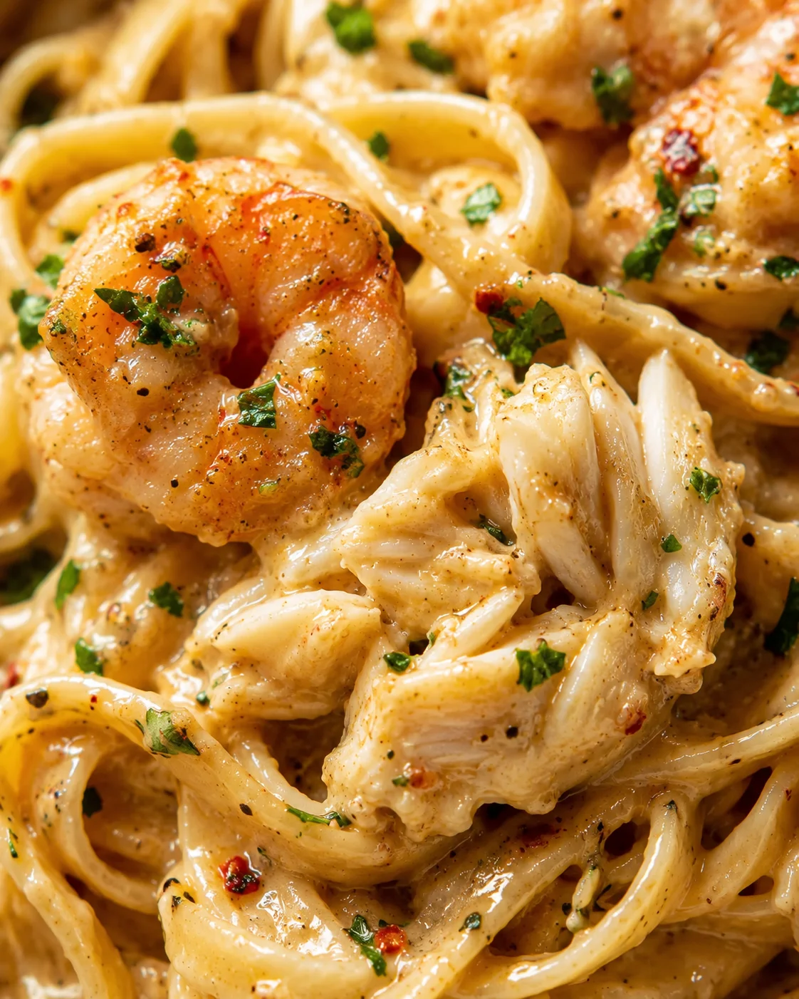 Creamy Cajun Crab & Shrimp Pasta Close-up of creamy Cajun crab and shrimp pasta with herbs and spices.