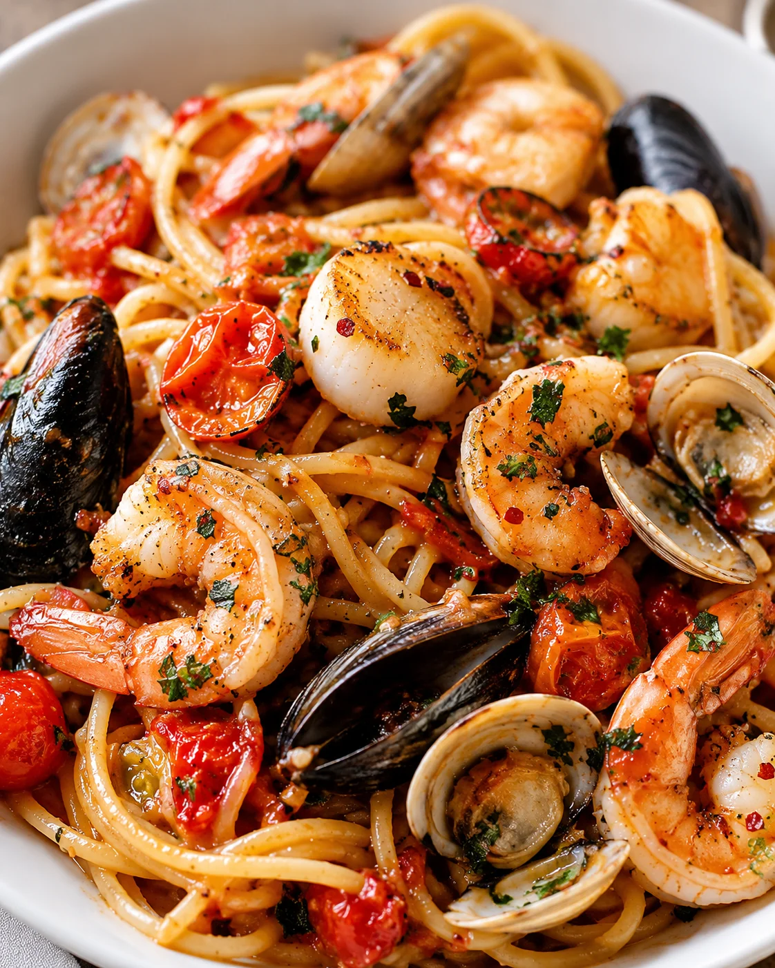 Close-up of a seafood pasta dish with shrimp, clams, tomatoes, and herbs in a white bowl