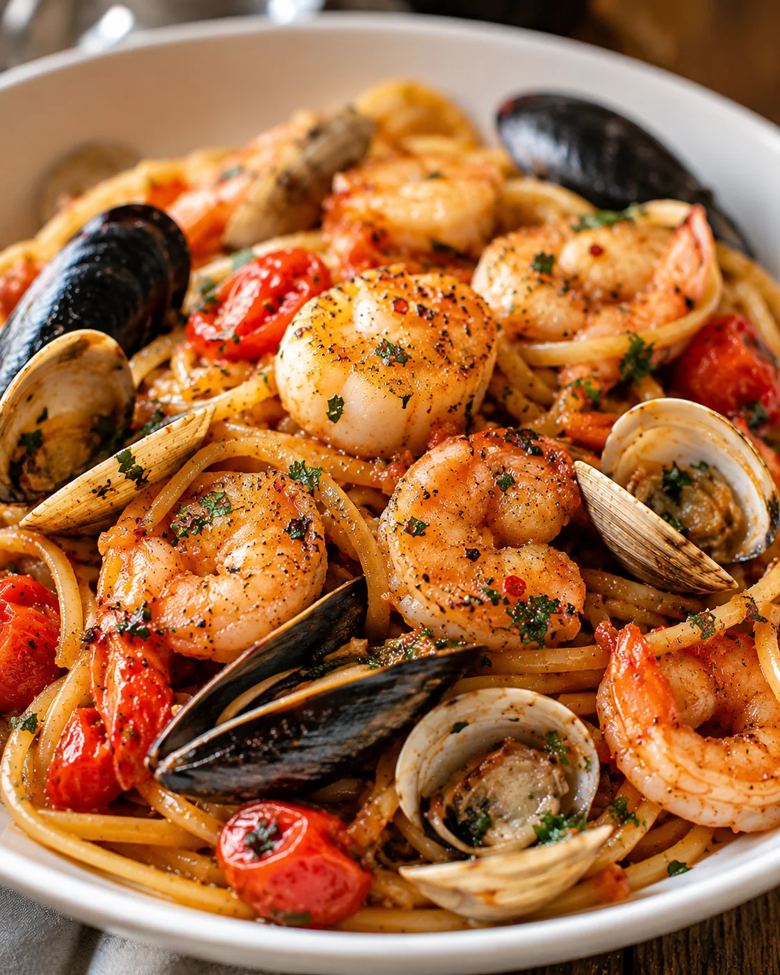 Close-up of a plate of flavorful Italian seafood pasta with shrimp, scallops, and mussels