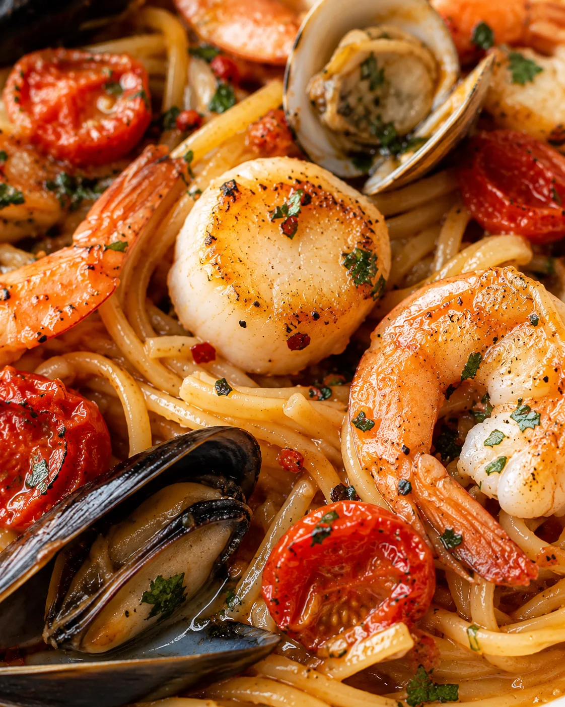 Close-up of a flavorful seafood pasta dish with shrimp, scallops, and cherry tomatoes.