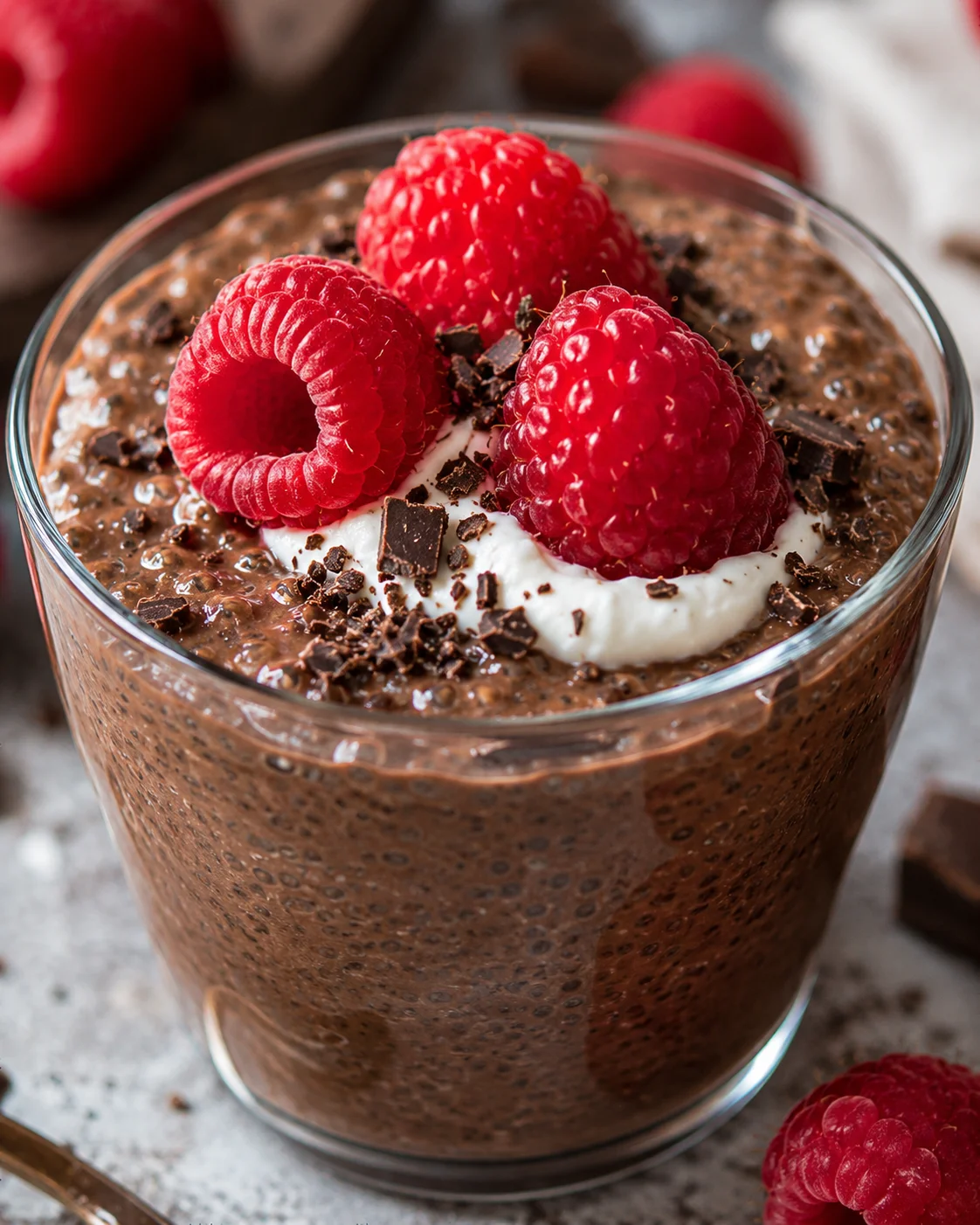 Creamy chocolate chia pudding topped with fresh raspberries and chocolate shavings.