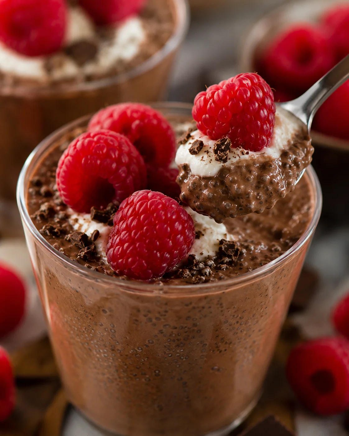 Creamy chocolate chia pudding topped with fresh raspberries in a glass.