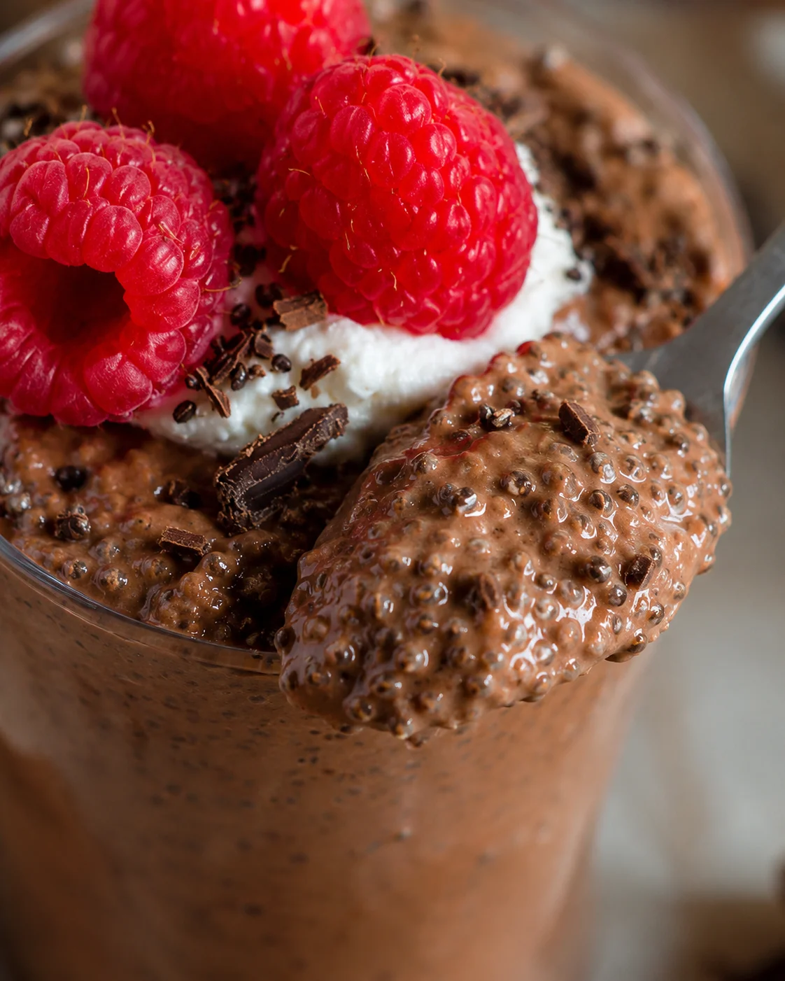 Creamy chocolate chia pudding topped with fresh raspberries and chocolate shavings.