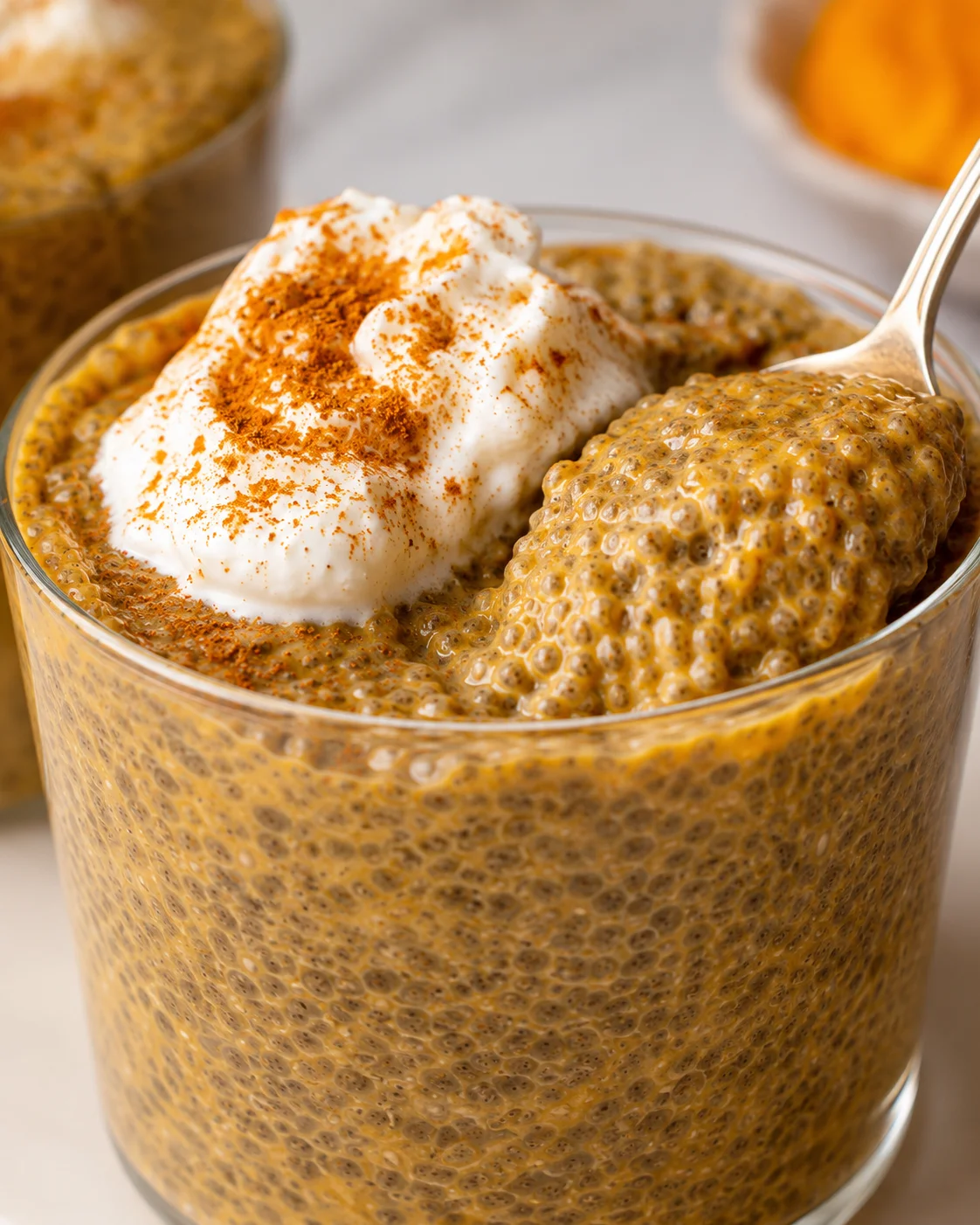 Pumpkin Chia Pudding Creamy pumpkin chia pudding topped with whipped cream and a sprinkle of spice.