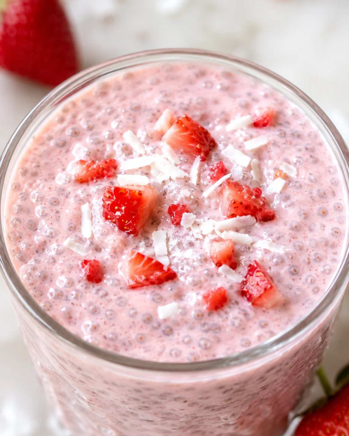 Close-up of a vibrant pink strawberry chia pudding with fresh strawberries and coconut flakes on top.