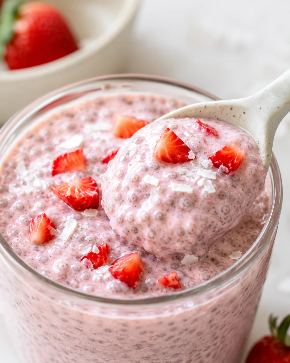 Delicious, creamy strawberry chia pudding with fresh strawberries and yogurt.