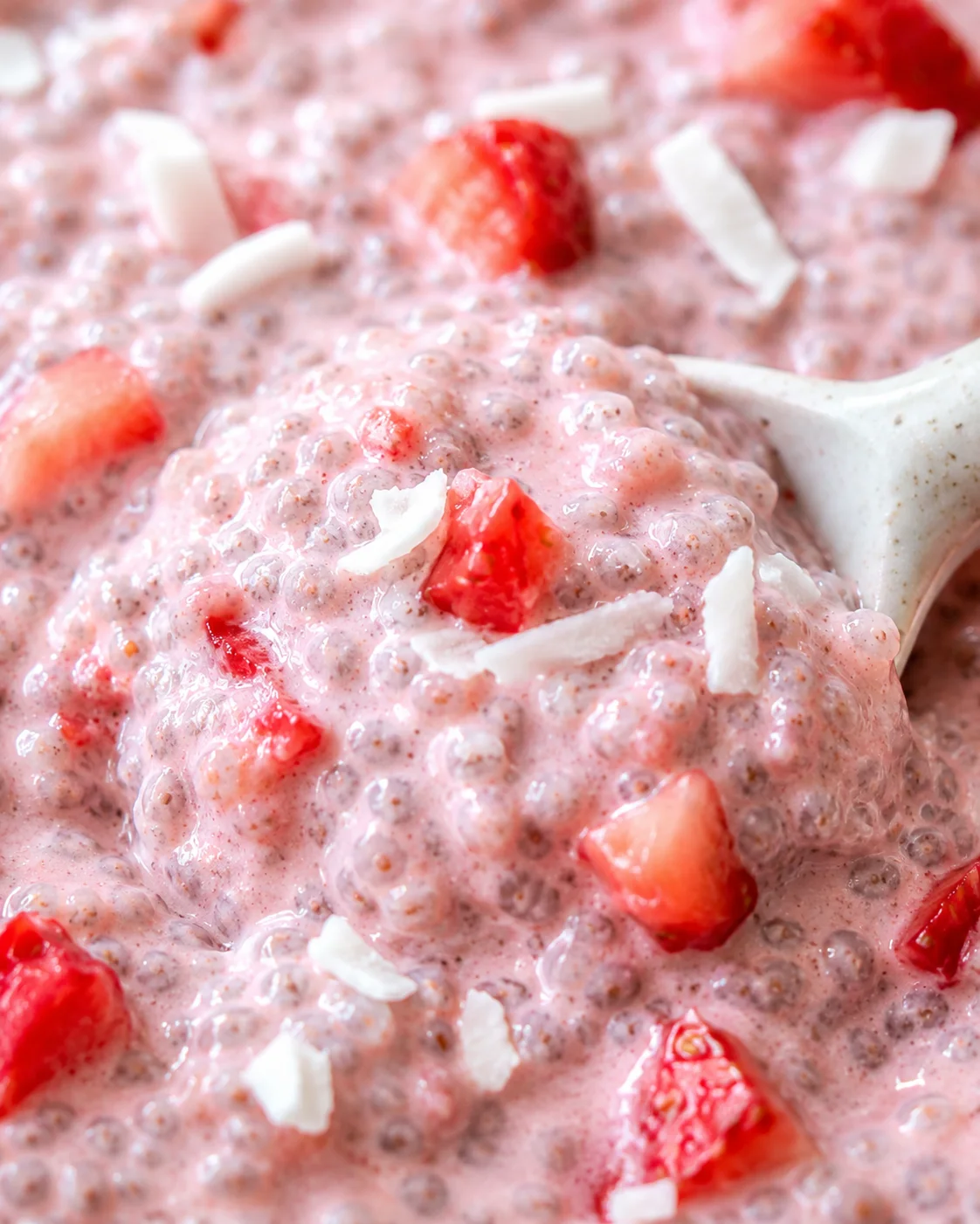 Close-up of creamy strawberry chia pudding with chunks of fresh strawberries